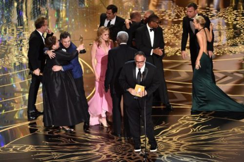 Cast members of the movie "Spotlight" celebrate the Best Picture Oscar on Feb. 28, 2016.